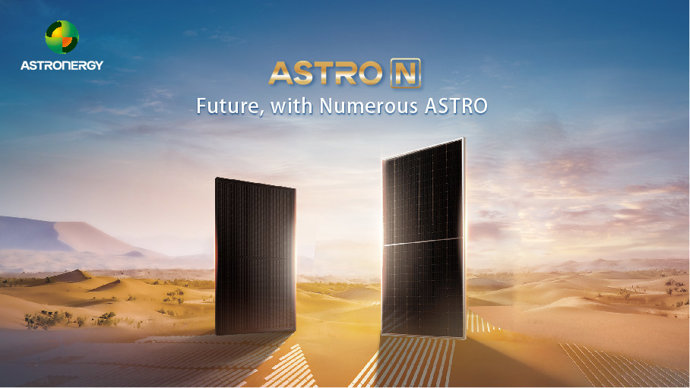 Poster shows Astronergy ASTRO N TOPCon modules at www.astro-energy.com/en