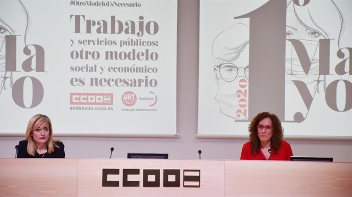Archivo - Las secretarias generales de CCOO-A y UGT-A, Nuria López y Carmen Castilla, respectivamente, en rueda de prensa en una foto de archivo.