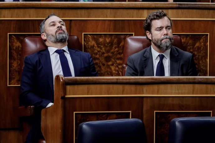 El líder de Vox, Santiago Abascal,  y el portavoz de Vox en el Congreso de los Diputados, Iván Espinosa de los Monteros.