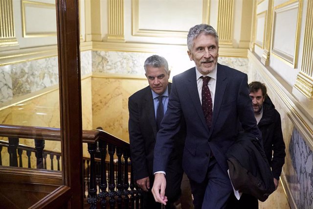 El ministro del Interior, Fernando Grande-Marlaska, a su llegada para comparecer a puerta cerrada en el Congreso de los Diputados 