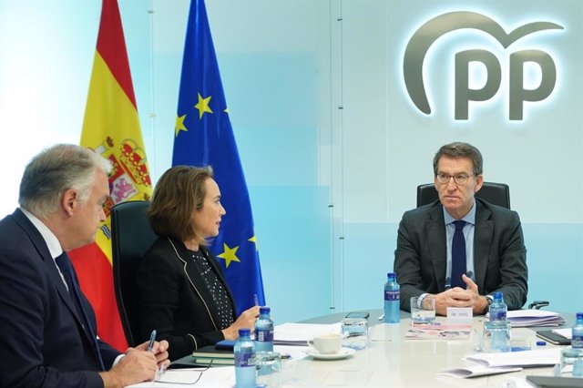 El líder del PP, Alberto Núñez Feijóo, preside la reunión del comité de dirección del PP. En la imagen, junto a la secretaria general del PP, Cuca Gamarra, y el vicesecretario de Institucional, Esteban González Pons.