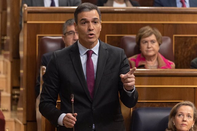 El presidente del Gobierno, Pedro Sánchez, interviene durante una sesión plenaria en el Congreso de los Diputados