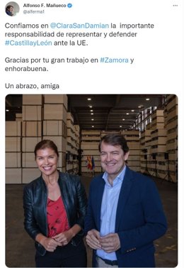 Tuit de Alfonso Fernández Mañueco tras el nombramiento de Clara San Damián.