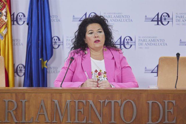 La presidenta del Grupo Parlamentario Mixto-Adelante Andalucía, Maribel Mora, este miércoles en rueda de prensa.  