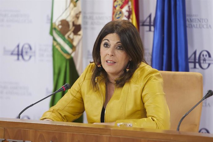 La portavoz del Grupo Parlamentario Socialista, Ángeles Férriz, durante la ronda de ruedas de prensa de portavoces de los grupos parlamentarios con motivo de la reunión de la Mesa y de la Junta de Portavoces en el Parlamento de Andalucía, a 30 de noviem