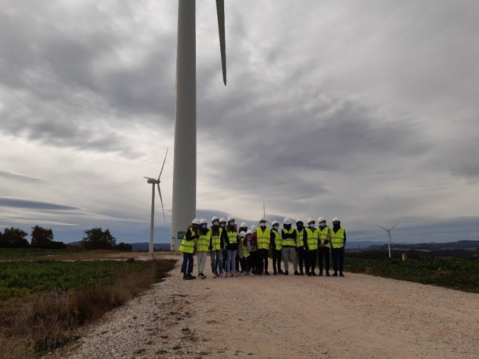 Un grup d'alumnes de visita al parc elic de Montargull, al municipi de Llorac (Tarragona)