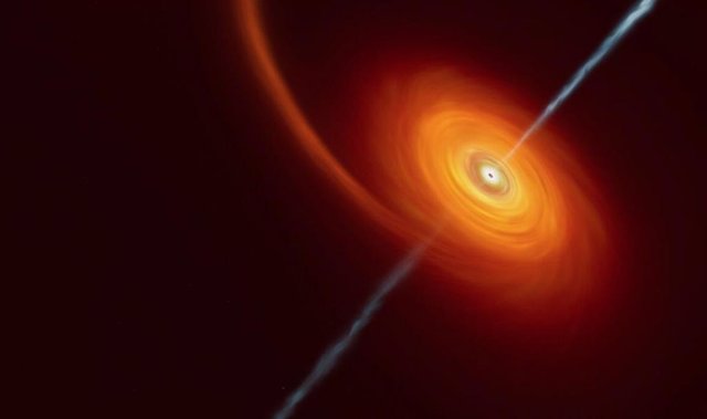 Impresión artística de un agujero negro tragándose una estrella