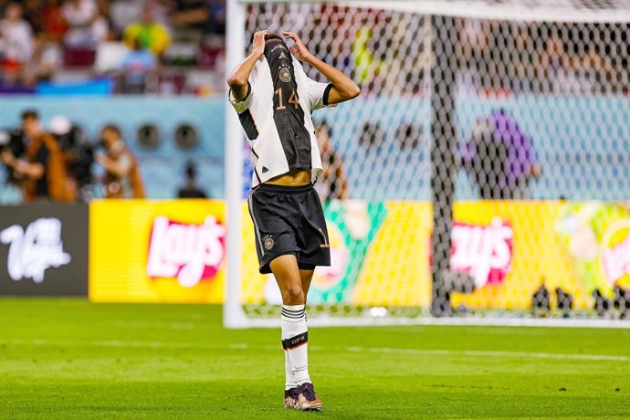 Jamal Musiala (14) of Germany reacts to a near miss during the FIFA World Cup 2022, Group E football match between Germany and Japan on November 23, 2022 at Khalifa International Stadium in Ar-Rayyan, Qatar - Photo Nigel Keene / ProSportsImages / DPPI