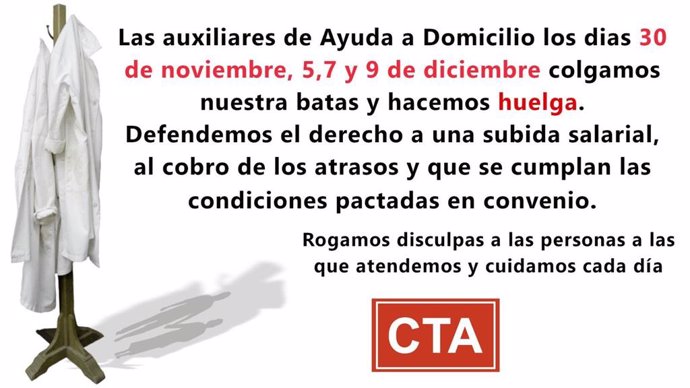 Imagen difundida por CTA sobre la huelga que ha convocado en la Ayuda a Domicilio en cuatro municipios cordobeses.
