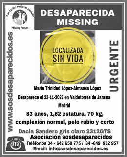 Localizado en Talamanca el cuerpo de la mujer de 83 años vecina de Valdetorres desaparecida hace una semana