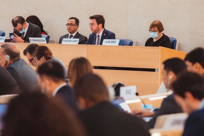 El presidente de la Generalitat, Pere Aragons, en su intervención en el Foro de Naciones Unidas