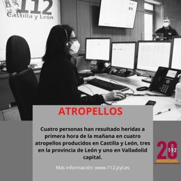 Gráfico elaborado por el 112 con los datos sobre los cuatro atropellos registrados este jueves en León y en Valladolid