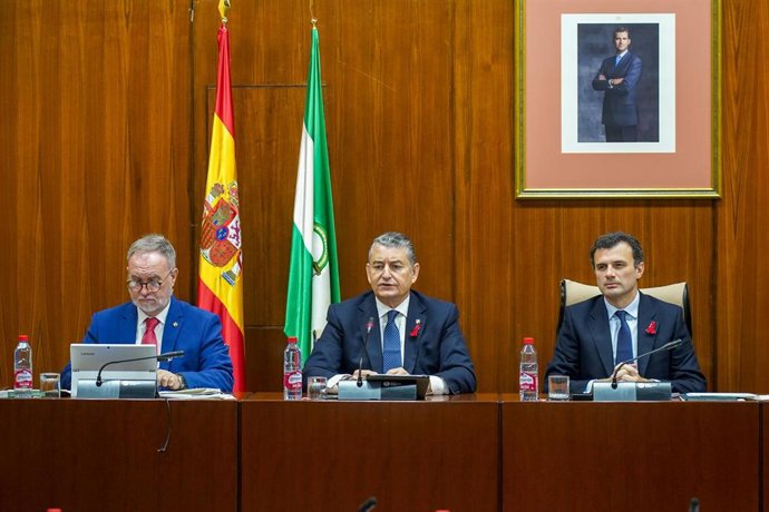 El consejero de Presidencia, Interior, Diálogo Social y Simplificación Administrativa, Antonio Sanz, en la comisión parlamentaria en el Parlamento de Andalucía  a 01 de diciembre del 2022 en Sevilla (Andalucía, España) El  consejero comparece para dar e
