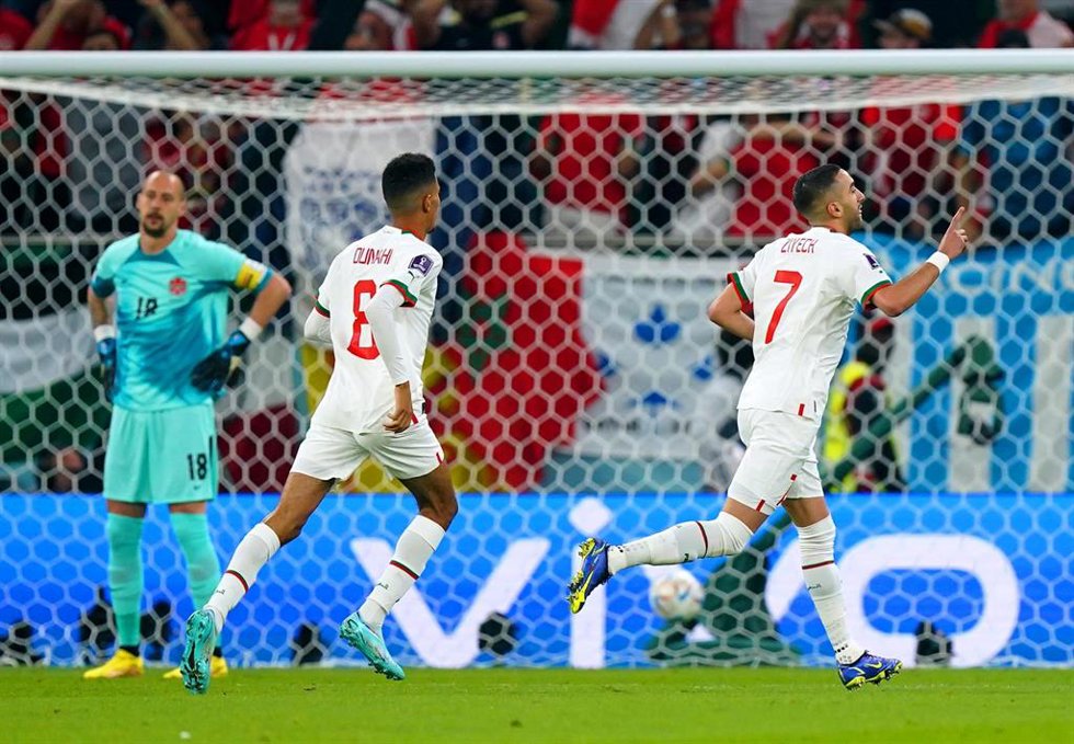 El extremo marroquí Hakim Ziyech celebra un gol ante Canadá en el Mundial de Catar. 
