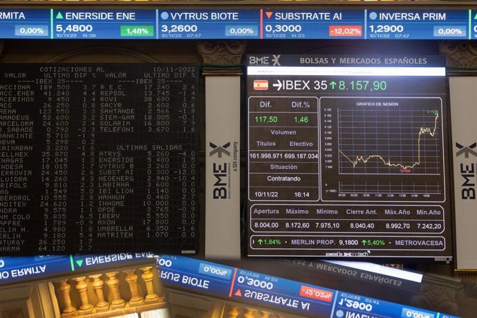 Un panel del Ibex 35 en el Palacio de la Bolsa