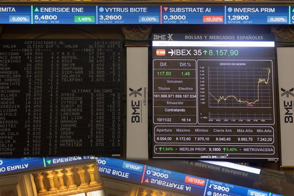 Un panel del Ibex 35 en el Palacio de la Bolsa