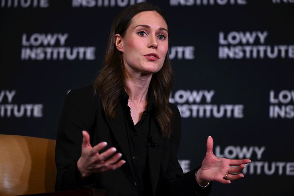 La primera ministra de Finlandia, Sanna Marin, durante su discurso en el Instituto Lowy, Sídney, Australia.