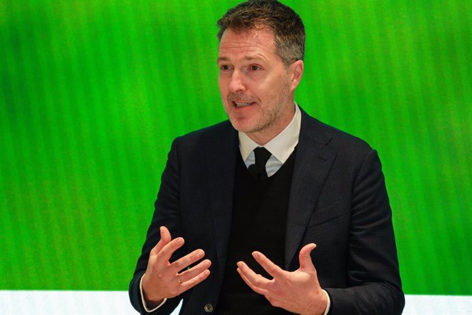 El CEO de A22 Sports, Bernd Reichart, durante una conferencia en Madrid sobre el 'Caso Superliga'.
