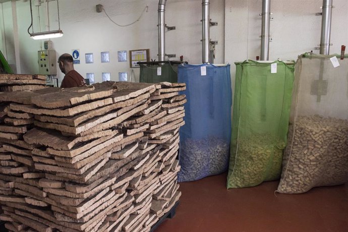 Archivo - Un trabajador maneja maquinaria en un fábrica de corchos, foto de recurso