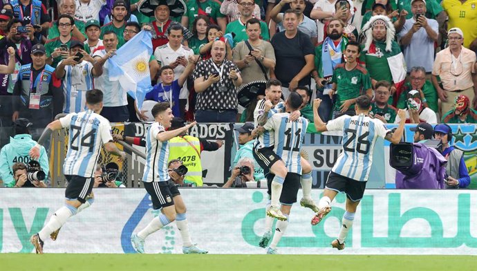Lionel Messi of Argentina celebrates his goal 1-0 during the FIFA World Cup 2022, Group C football match between Argentina and Mexico on November 26, 2022 at Lusail Stadium in Al Daayen, Qatar - Photo Sebastian El-Saqqa / firo Sportphoto / DPPI