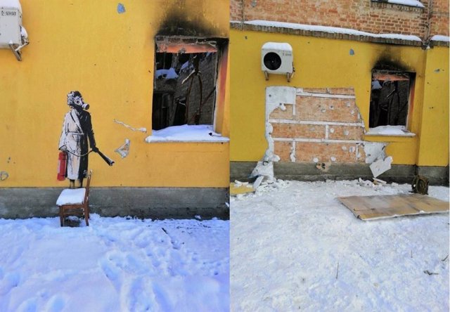 Intento de robo de un mural de Banksy en Gostomel, Ucrania