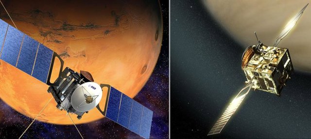 Impresiones artísticas de Mars Express (izquierda) y Venus Express (derecha).