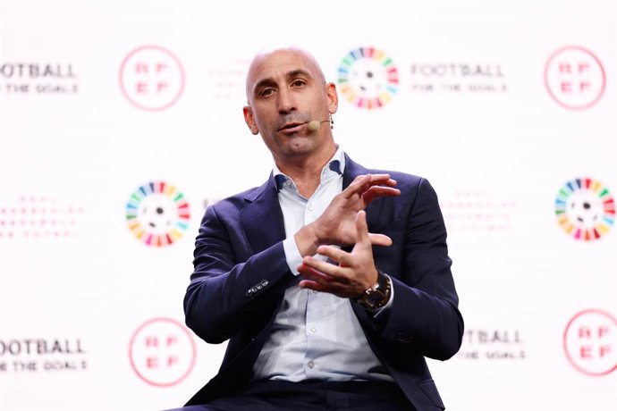 Luis Rubiales, President of Spanish Football Federation RFEF, attends during the presentation of the alliance with the UN of the commitment to human rights and sustainability by joining the #FootballForTheGoals initiative at Ciudad del Futbol on novembe