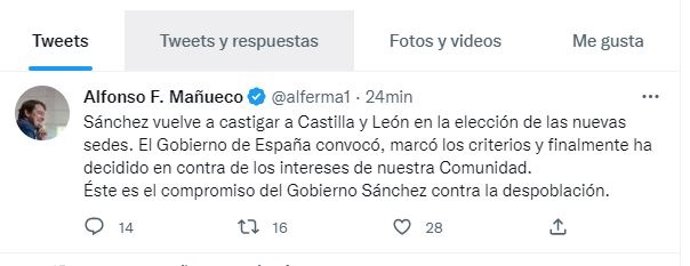 Captura del tuit escrito por Fernández Mañueco.
