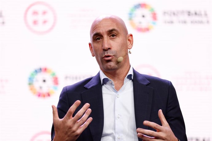 Luis Rubiales, President of Spanish Football Federation RFEF, attends during the presentation of the alliance with the UN of the commitment to human rights and sustainability by joining the #FootballForTheGoals initiative at Ciudad del Futbol on novembe