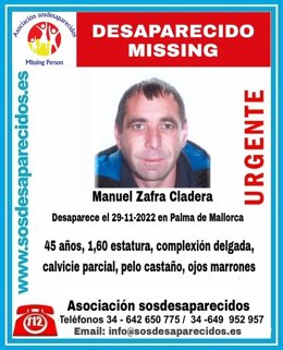 Imagen con la alerta de la desaparición de Manuel Zafra Cladera.