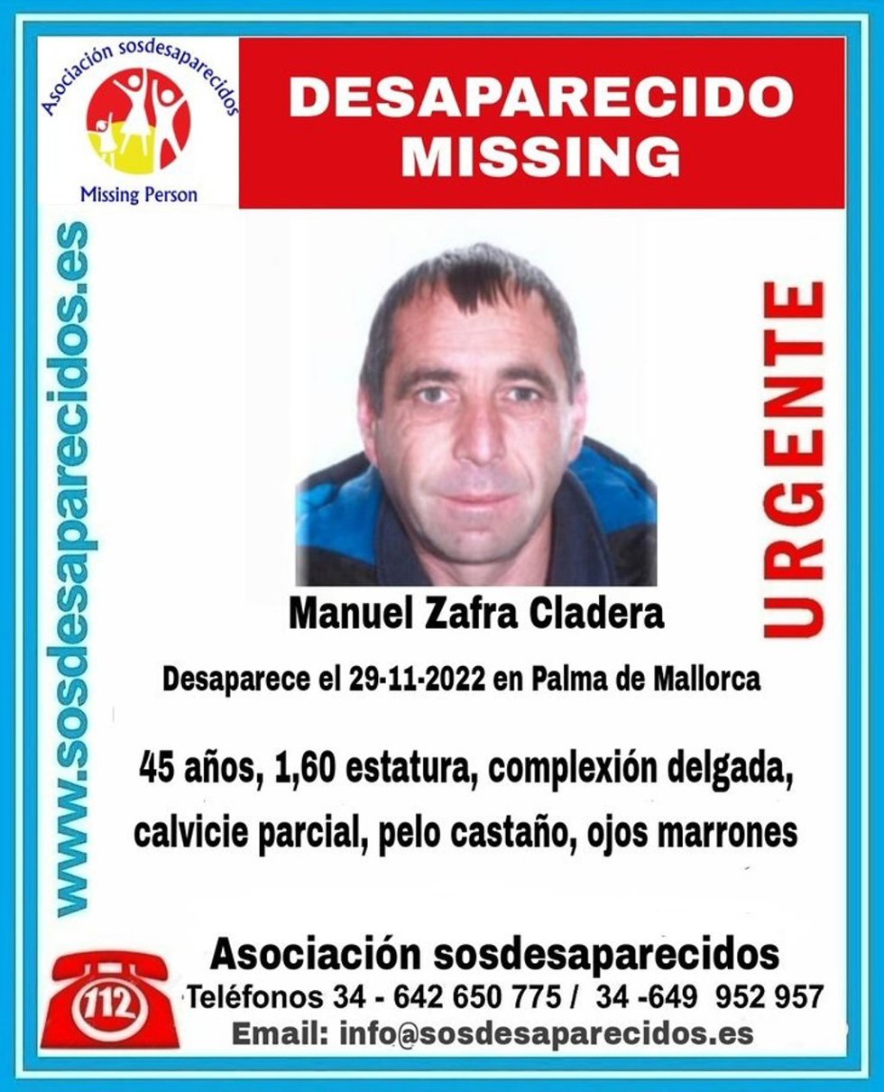 Imagen con la alerta de la desaparición de Manuel Zafra Cladera.