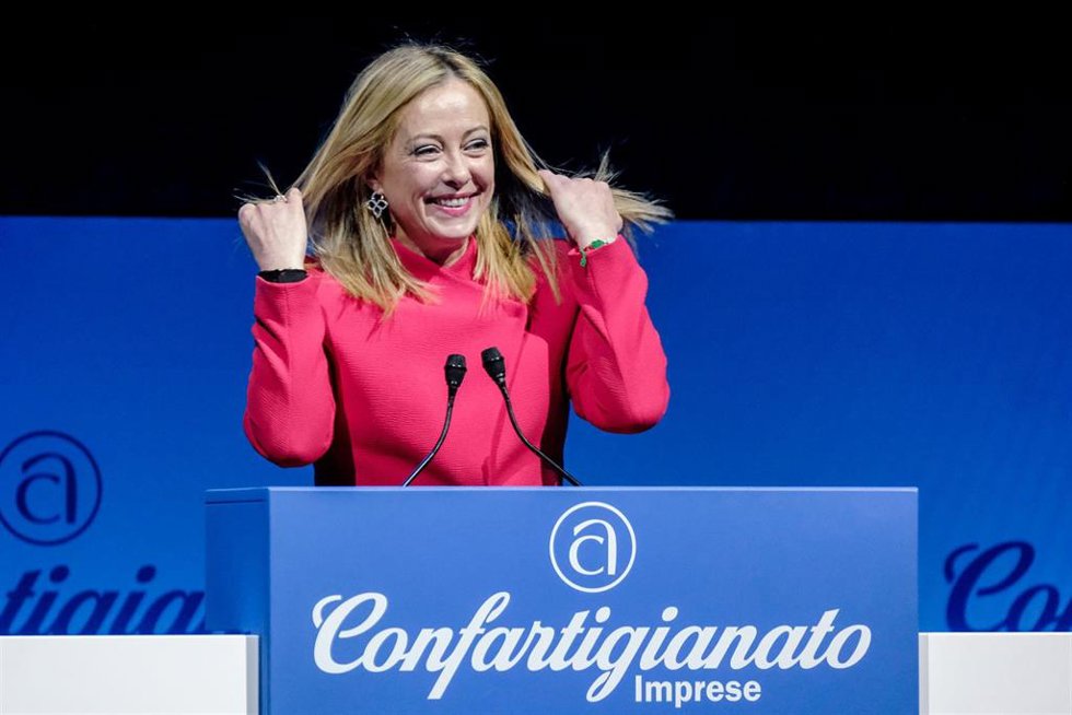 22 November 2022, Italy, Rome: Italian Prime Minister Giorgia Meloni, delivers a speech at the 2022 National Meeting of Confartigianato - Imprese (Italian association of artisans and small businesses) in Rome. Photo: Mauro Scrobogna/LaPresse via ZUMA Pr
