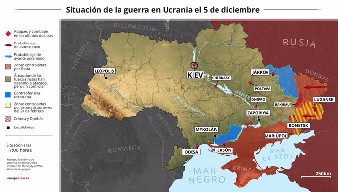 Mapa con la situación de la guerra en Ucrania el 5 de diciembre (Estado a las 17:00 horas). Las Fuerzas Armadas de Rusia han lanzado este lunes una nueva ola de ataques sobre varias regiones de Ucrania, con una batería de misiles que han dejado al menos