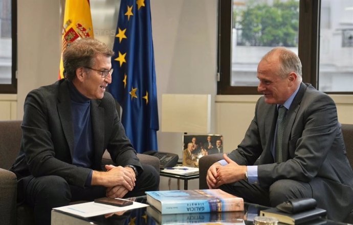 El líder del PP, Alberto Núñez Feijóo, se reúne con el candidato del PP a la Presidencia de Asturias, Diego Canga, en Madrid.