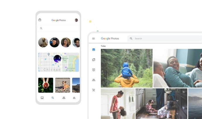 Interfaz de Google Fotos en un ordenador y en un dispositivo móvil