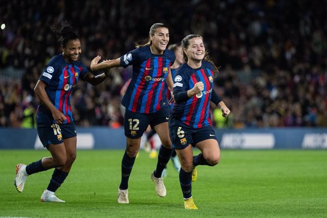 Claudia Pina of FC Barcelona celebrates a goal during UEFA Women Champions League, football match played between FC Barcelona and Bayern Munich at Spotify Camp Nou on November 24, 2022 in Barcelona, Spain.