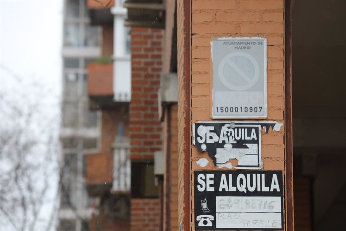 Archivo - Varios carteles de 'Se Alquila' en la pared de un edificio el día que el Consejo de Ministros prevé aprobar un plan que contempla una línea de microcréditos avalados por el Estado, ayudas directas y la suspensión de desahucios durante seis mes