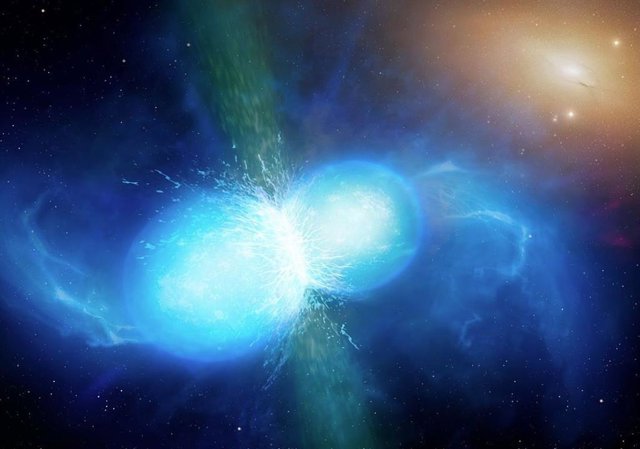 Impresión artística de una fusión de estrellas de neutrones