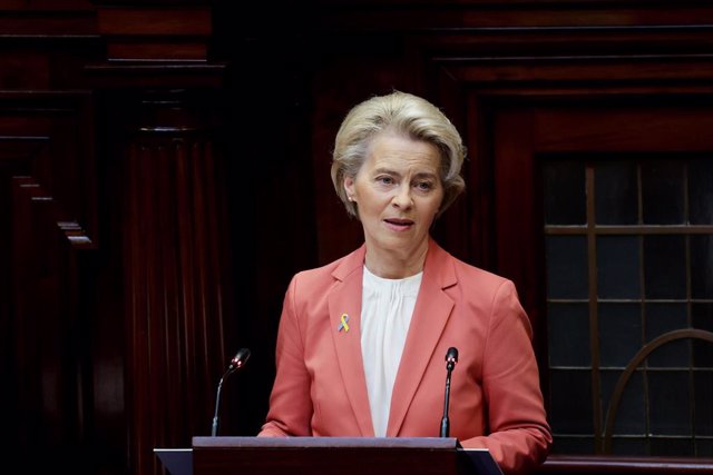 01 December 2022, Ireland, Dublin: European Commission President Ursula von der Leyen speaks during a joint session of the Dail and the Seanad to mark Ireland's 50 years of membership of the EU, at Leinster House. Photo: Maxwell Photography/PA Media/dpa