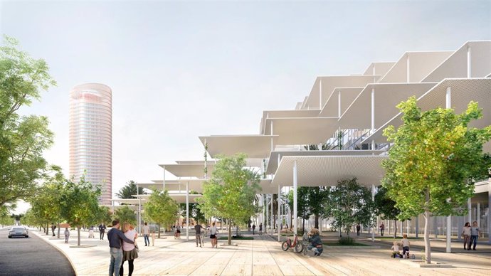 Archivo - Jardín y espacio público que creará la cúpula de porches solares que cubrirá la nueva sede permanente del JRC en la Cartuja.
