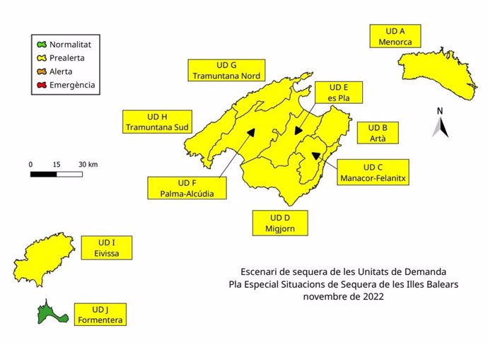 Mapa de las reservas hídricas en noviembre en Baleares.