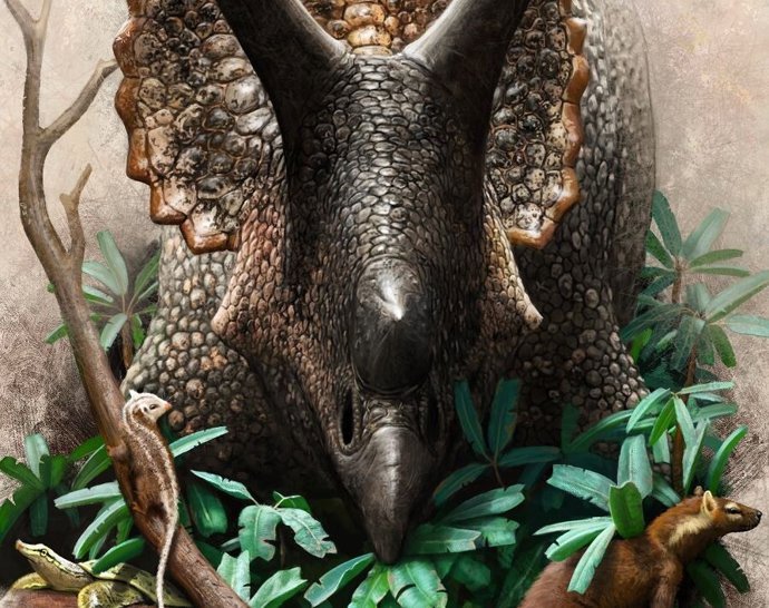 Triceratops prorsus comiendo cícadas perturba a los primos primitivos de los mamíferos placentarios (izquierda) y marsupiales (derecha) en la maleza, mientras que una tortuga de caparazón blando se sube a un tronco, sin saber que su ecología de agua dul