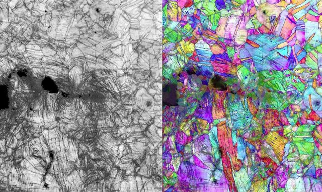Imágenes generadas por microscopía que muestran la trayectoria de una fractura y la deformación de la estructura cristalina que la acompaña en la aleación de CrCoNi a escala nanométrica durante la prueba de esfuerzo a 20 Kelvin.