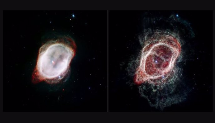 A la izquierda, la imagen de Webb de la Nebulosa del Anillo Sur destaca el gas muy caliente que rodea las 2 estrellas centrales. A la derecha, la imagen de Webb rastrea los flujos moleculares dispersos de la estrella que se han adentrado más en el cosmo