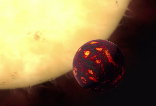 La impresión de un artista del planeta Janssen, que orbita su estrella tan cerca que toda su superficie es un océano de lava que alcanza temperaturas de alrededor de 2.000 grados centígrados.