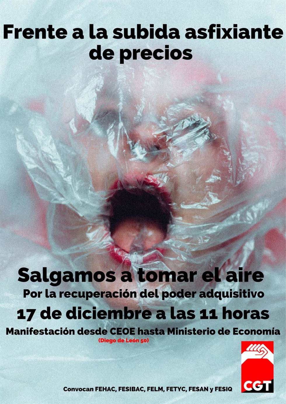 Cartel de la manifestación "Frente a la subida asfixiante de precios, salgamos a tomar el aire. Por la recuperación del poder adquisitivo", convocada por CGT.