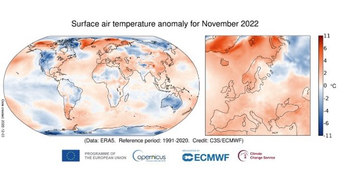 Anomalía de la temperatura del aire en superficie en noviembre de 2022 frente a la media de noviembre en el periodo comprendido entre 1991 y 2020.