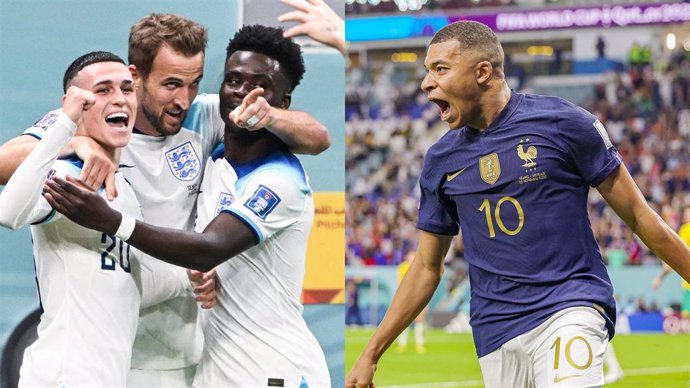 Los futbolistas ingleses Phil Foden, Harry Kane y Byako Saka celebran un gol, y el francés Kylian Mbappé festeja un tanto, en el Mundial de Catar.