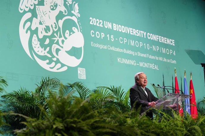 06 December 2022, Canada, Montreal: Secretary-General of the United Nations Antonio Guterres delivers at the Opening Ceremony of the 15th meeting of the Conference of the Parties (COP15) to the United Nations Convention on Biological Diversity in Montre