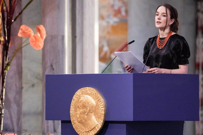 10 December 2022, Norway, Oslo: Oleksandra Matviychuk, representative of the Ukrainian organization Center for Civil Liberties (CCL), speaks at the 2022 Nobel Peace Prize ceremony. This year's Nobel Peace Prize was awarded to human rights activists from